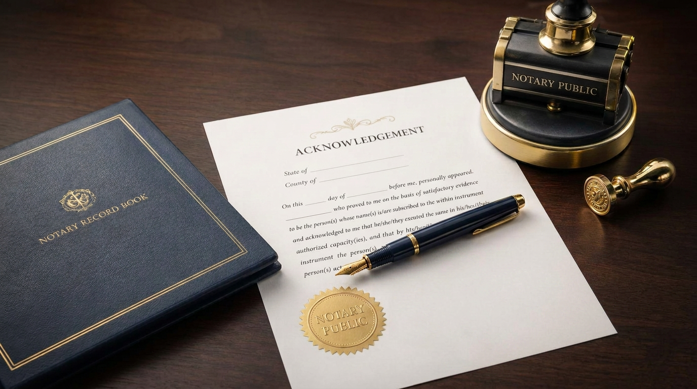 Professional notary desk with official documents, seal, and pen